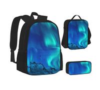 TRESILA Zaino per bambini, ragazzi e ragazze, in poliestere resistente, zaino per libri con borsa per il pranzo e astuccio (set zaino 3 in 1) /Kilauea Volcano, Luci del nord, Taglia unica, Set di