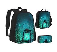 TRESILA Zaino per bambini, ragazzi e ragazze, zaino in poliestere resistente, zaino per libri con borsa per il pranzo e astuccio (set zaino 3 in 1) / foglia di palma verde, Firefly e Lanterna, Taglia