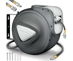 TRESKO® Avvolgitubo Aria Compressa 10 mt con Tubo | Avvolgitubo Pneumatico attacco 1/4" | Dispositivo di Arresto Automatico e Riavvolgitore Automatico, Grigio