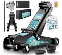 TRESKO Cric idraulico 2,5 t - Altezza di sollevamento 85-385 mm - Con valigetta - Cric idraulico piatto per auto abbassate - Ruote a 360° con 2 cuscinetti in gomma, ginocchiere, guanti