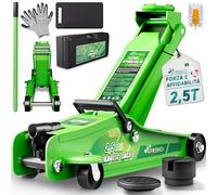 TRESKO Cric idraulico 2,5T altezza di sollevamento 85-385 mm con valigetta | Cric idraulico auto piatto per auto - Ruote a 360° con 2 cuscinetti in gomma, tappetino per ginocchia, guanti, coltello