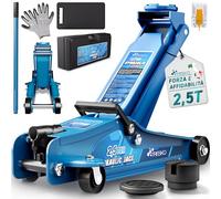 TRESKO Cric idraulico 2,5T altezza di sollevamento 85-385 mm con valigetta | Cric idraulico auto piatto per auto - Ruote a 360° con 2 cuscinetti in gomma, tappetino per ginocchia, guanti, coltello