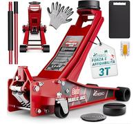 TRESKO Cric idraulico 3T altezza di sollevamento 75-510 mm | Cric idraulico da garage piatto a doppio pistone e ruote a 360° incl. 2 cuscinetti in gomma, tappetino protettivo, guanti (rosso, 3