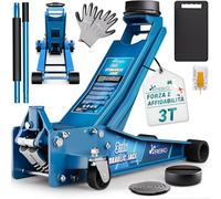 TRESKO Cric idraulico 3T, altezza di sollevamento 75 - 510 mm, cric idraulico per auto Jack piatto con doppio pistone e ruote a 360°, sollevatore auto con 2 cuscinetti in gomma, tappetino protettivo