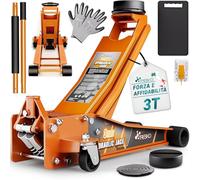TRESKO Cric idraulico 3T altezza di sollevamento 75 - 510 mm | Cric idraulico per auto piatto con doppio pistone e ruote a 360°, sollevatore con 2 cuscinetti in gomma, tappetino protettivo, guanti e