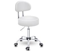 TRESKO Sgabello a rotelle con schienale bianco, regolabile in altezza 46-58 cm, sgabello girevole con ruote, sedia da ufficio, sgabello girevole per cosmetici