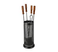 Trespolo per Attrezzi Camino Barilotto a Rete con Paletta Scopino Attizzino e Pinza Ø18x62 cm in Ferro e Legno Grigio Martellato