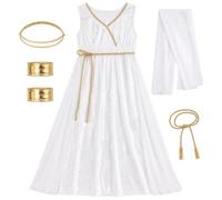 Tressify 5 pezzi costume da dea, abito toga greco con finiture dorate, abito greco romano per cosplay di Halloween, taglia 10-12 anni