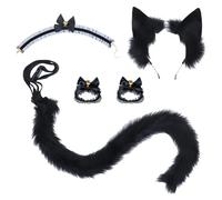 Tressify Costume da gatto nero per cosplay di Halloween, composto da orecchie, coda, campane, peluche, 80 cm, 5 pezzi