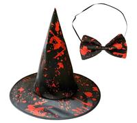 Tressify Set di 2 cappelli da strega insanguinata e papillon per Halloween, unisex, cappello da strega con disegno di macchie di sangue, per feste spettrali