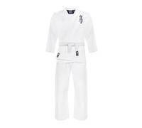 TREXO Karatega con ricamo Kyokushin per karate in bianco per 140 cm statura set pantaloni regolabili cintura kimono ideale per principianti, cuciture forti, materiali durevoli, 100% cotone
