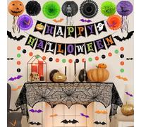 Trgowaul Set di decorazioni per Halloween, 48 pezzi di forniture per feste di Halloween, striscioni, ventagli di carta, lanterne di carta, adesivi 3D a pipistrello, ragnatela, kit decorativo per
