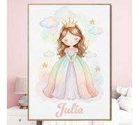 Triangle Déco Poster personalizzato nome Principessa dai capelli castani con o senza Cornice pastello acquerello fata ragazza Poster Tela o Plexiglass regalo nascita compleanno Natale camera bambini