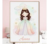 Triangle Déco Poster personalizzato nome Principessa dai capelli marroni con o senza Cornice pastello acquerello fata ragazza Poster Tela o Plexiglass regalo nascita compleanno Natale camera bambini