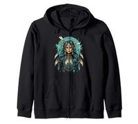 Tribal Warrior Donna Fantasy Ritratto con Piume Gioielli Felpa con Cappuccio