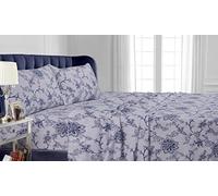 Tribeca Living 200 gsm Stripe Printed Deep Pocket Flannel Sheet Set, Full, Blu, Floral, Queen