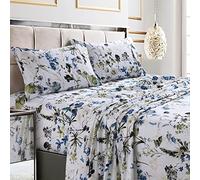 Tribeca Living Completo lenzuola Full Size 300 fili in morbido rasatello di cotone, stampa floreale con tasche extra profonde, set di biancheria da letto 4 pezzi, blu amalfi blu/multicolore