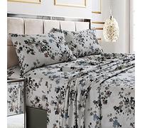 Tribeca Living Set di lenzuola per letto matrimoniale, in morbido rasatello di cotone a 300 fili, stampa floreale con tasche extra profonde, set di biancheria da letto da 4 pezzi, grigio