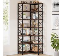 Tribesigns Libreria angolare, libreria alta, grande scaffale angolare industriale, scaffale angolare da pavimento, scaffale con struttura in metallo, per soggiorno, casa, ufficio (marrone (7 ripiani)