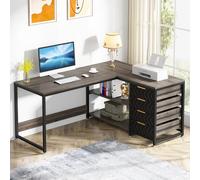 Tribesigns Scrivania con Cassetti, scrivania angolare con ripiani,Scrivania per Computer ad Angolo a forma di L,Tavolo da scrivania con 4 cassetti per ufficio,150 * 110 * 75cm (grigio)