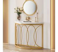 Tribesigns Tavolo consolle dorato, comodino, tavolino da corridoio con scrivania in finto marmo, struttura in metallo e design a mezza luna, tavolino sottile per soggiorno, corridoio e ingresso Pannel