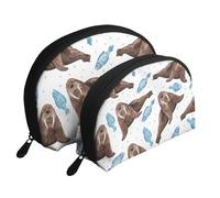 Tricheco marrone dell'acquerello, Borsa per trucco a conchiglia Portamonete da donna Borsa da toilette piccola Borsa per cosmetici 2 pezzi