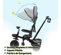 Triciclo 6 in 1 con barra di spinta, triciclo per bambini da 9 mesi a 5 anni con seduta reversibile, capottina pieghevole con parasole, passeggino pieghevole, bicicletta per bambini (grigio) TRICICLO