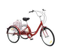Triciclo adulto 24 pollici triciclo con cambio a 6 marce e cestino, bicicletta dorata per adulti, 3 ruote Trike Cruiser per il tempo libero, gli acquisti e le gite in città (rosso)