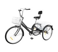 Triciclo adulto 24 pollici triciclo con cestino e schienale, nero bici per adulti, 7 velocità 3 ruote Trike Cruiser per il tempo libero, gli acquisti e le gite in città