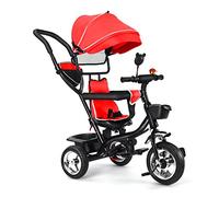 Triciclo bambino scalabile con parasole pieghevole e asta genitoriale regolabile, per bambini, pedali rimovibili, triciclo da spingere per ragazze e ragazzi, 9 mesi a 5 anni, grande rosso