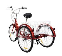 Triciclo da 24 pollici, per adulti, 6 marce, con cestino per la spesa, cuscino per bicicletta, schienale triciclo, 3 ruote, per adulti, City Tricycle, per viaggi, attività all'aperto, colore rosso