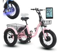 Triciclo elettrico per adulti con pneumatici larghi da 20'', bicicletta elettrica a 3 ruote con pedalata assistita e cestino posteriore, display LCD + clacson + faro, sedile regolabile, batteria rim