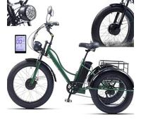 Triciclo Elettrico Per Adulti Con Pneumatici Larghi Da 24", Bicicletta Da Crociera A 7 Velocità Per Adulti, Display Lcd + Faro, Batteria Rimovibile Da 48 V E 15 Ah, Carico Massimo: 330 Libbre,Green