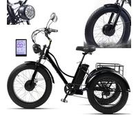 Triciclo Elettrico Per Adulti Con Pneumatici Larghi Da 24", Bicicletta Da Crociera A 7 Velocità Per Adulti, Display Lcd + Faro, Batteria Rimovibile Da 48 V E 15 Ah, Carico Massimo: 330 Libbre,Black