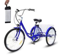 Triciclo Elettrico Per Adulti Da 24", Bicicletta A 3 Ruote, Batteria Al Litio Rimovibile Da 36V 12Ah (Autonomia: 35-40 Km), Capacità Di Carico 150 Kg, Con Cestino + Faro + Clacson,Blue-Basket