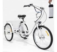 Triciclo Elettrico Per Adulti Da 24", Bicicletta A 3 Ruote, Batteria Al Litio Rimovibile Da 36V 12Ah (Autonomia: 35-40 Km), Capacità Di Carico 150 Kg, Con Cestino + Faro + Clacson,White-Basket