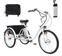 Triciclo Elettrico Per Adulti Da 24", Bicicletta A Tre Ruote Per Anziani, Batteria Rimovibile Da 36V 12Ah, Autonomia 35 Km | Carico 150 Kg | Doppi Freni, Con Trolley, Per Shopping, Picnic,White