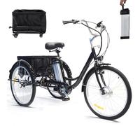 Triciclo Elettrico Per Adulti Da 24", Bicicletta A Tre Ruote Per Anziani, Batteria Rimovibile Da 36V 12Ah, Autonomia 35 Km | Carico 150 Kg | Doppi Freni, Con Trolley, Per Shopping, Picnic,Black