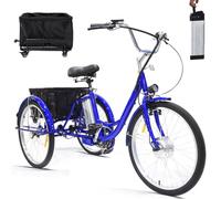 Triciclo Elettrico Per Adulti Da 24", Bicicletta A Tre Ruote Per Anziani, Batteria Rimovibile Da 36V 12Ah, Autonomia 35 Km | Carico 150 Kg | Doppi Freni, Con Trolley, Per Shopping, Picnic,Blue