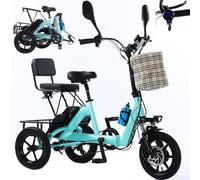 Triciclo elettrico pieghevole da 350 W per adulti, bicicletta elettrica a tre ruote da 14 pollici con seggiolino per bambini e portapacchi posteriore, display digitale LCD (autonomia, velocità, pote