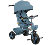 Triciclo evolutivo 5 in 1 per bambini, barra di spinta regolabile, capacità 20 kg, passeggino a canna compatta con cestino e baldacchino, luci e musica, sedile girevole regolabile (blu)