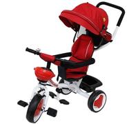 Triciclo metallo rosso bambino con parasole passeggino bambini girevole 360°