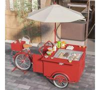Triciclo mobile con vetrina per bevande, distributore di cibo con ombrello e contenitore per snack, bevande, gelato, carrello venditore ambulante