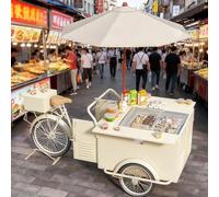 Triciclo mobile con vetrina per bevande, distributore di cibo con ombrello e contenitore per snack, bevande, gelato, carrello venditore ambulante
