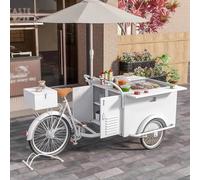 Triciclo mobile con vetrina per bevande, distributore di cibo con ombrello e contenitore per snack, bevande, gelato, carrello venditore ambulante