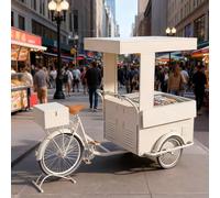 Triciclo mobile con vetrina per bevande, distributore di cibo con ombrello e contenitore per snack, bevande, gelato, carrello venditore ambulante