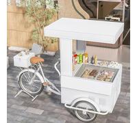 Triciclo mobile con vetrina per bevande, distributore di cibo con ombrello e contenitore per snack, bevande, gelato, carrello venditore ambulante
