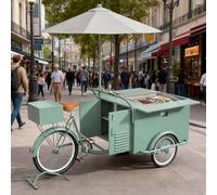 Triciclo mobile con vetrina per bevande, distributore di cibo con ombrello e contenitore per snack, bevande, gelato, carrello venditore ambulante