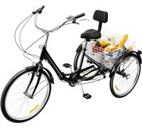 Triciclo per Adulti, Bicicletta 24 IH, Bicicletta Triciclo A 3 Ruote, Bicicletta Pieghevole, 7 velocità con Cestino della Spesa, Sedile Schienale A Cestello Grande, per Adulti/Anziani, Black