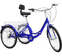 Triciclo per Adulti, Bicicletta 24 IH, Bicicletta Triciclo A 3 Ruote, Bicicletta Pieghevole, 7 velocità con Cestino della Spesa, Sedile Schienale A Cestello Grande, per Adulti/Anziani, Blue